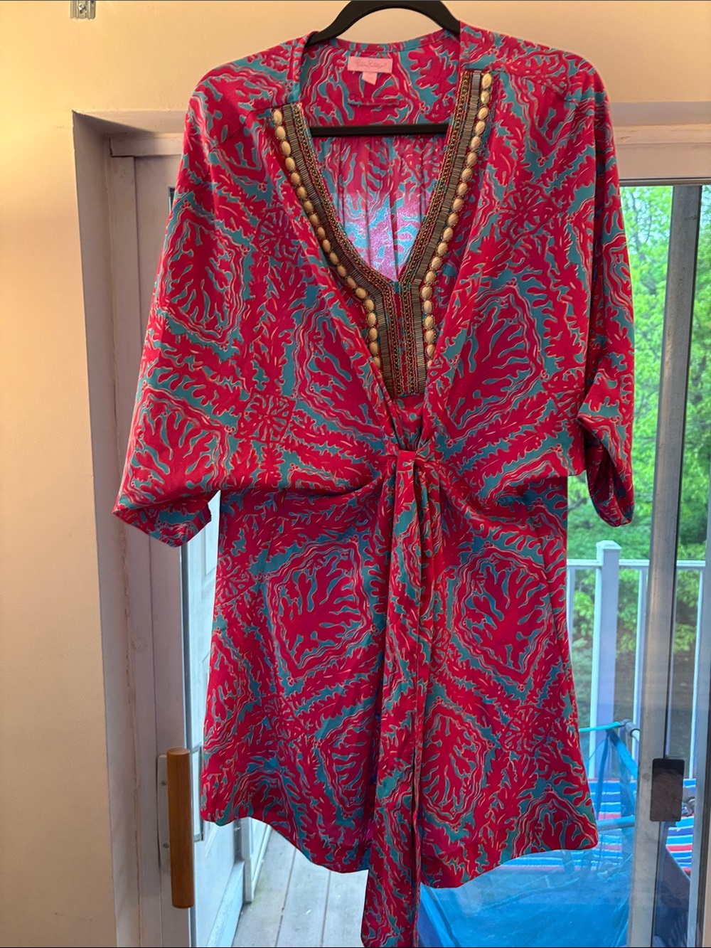 Lilly Pulitzer Pink and Turquoise Beaded V-Neck Tunic Dress